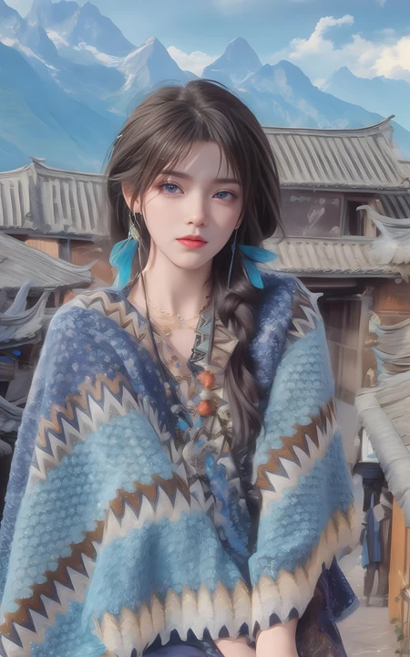 民族风 穿着藏服服饰的AI美女唯美插画手机壁纸图片