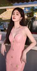 白鹿肩带低领粉色连衣裙海边旅拍女人味十足美照图集