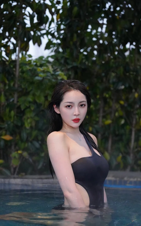 女生台球裁判王钟瑶黑色泳装泳装穿搭泳池清透写真气质美照