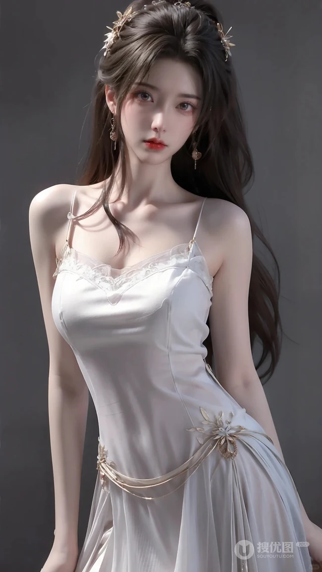 高挑性感吊带白裙睡衣AI美女手机壁纸图片
