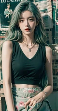 报纸墙美女，各种不同风格穿搭的报纸墙AI美女手机壁纸图片