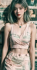 报纸墙美女，各种不同风格穿搭的报纸墙AI美女手机壁纸图片