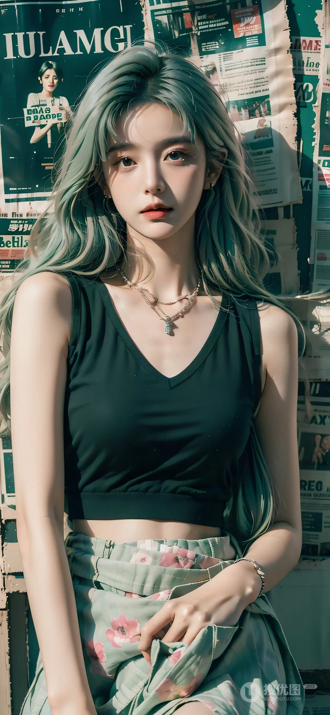 报纸墙美女，各种不同风格穿搭的报纸墙AI美女手机壁纸图片