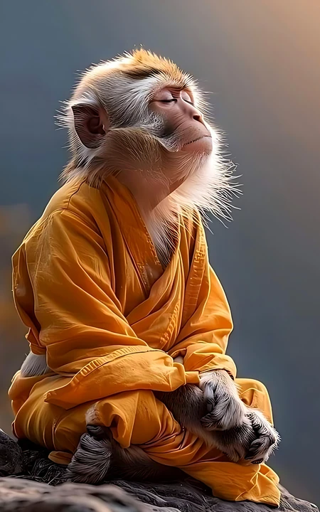 穿着僧袍向佛的猴子静坐手机壁纸图片