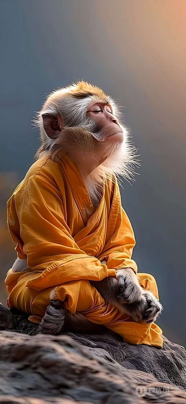 穿着僧袍向佛的猴子静坐手机壁纸图片