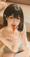 午后时光，齐刘海短发清新少女肩带衣牛仔裤短裤居家温柔写真图片