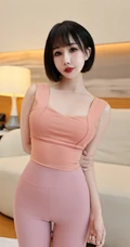 短发女生小姐姐粉色紧身衣瑜伽裤穿搭显完美身姿居家沙发超高清写真图集