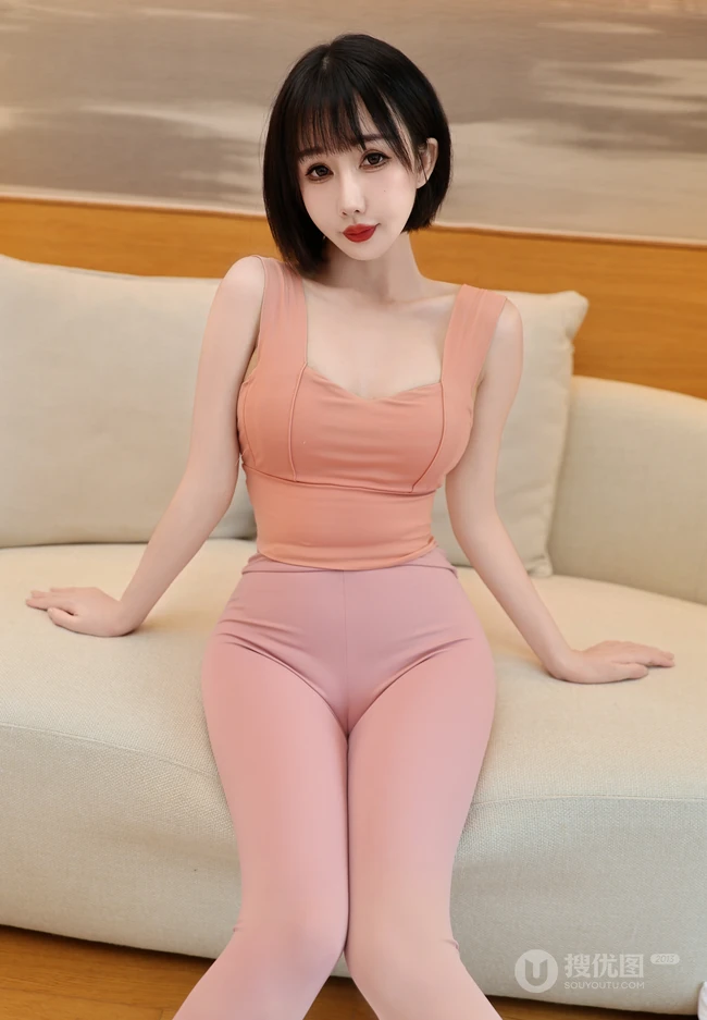 短发女生小姐姐粉色紧身衣瑜伽裤穿搭显完美身姿居家沙发超高清写真图集