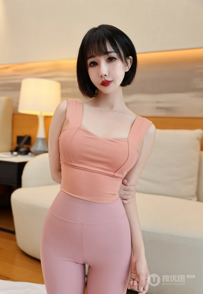 短发女生小姐姐粉色紧身衣瑜伽裤穿搭显完美身姿居家沙发超高清写真图集