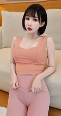 短发女生小姐姐粉色紧身衣瑜伽裤穿搭显完美身姿居家沙发超高清写真图集