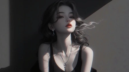 背靠着墙，眼神傲娇，高冷的黑色背心AI美女壁纸图片