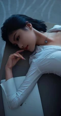 短发女生轻熟白衫加紧身黑色短裙穿搭显匀称身形线条感居家写真图片