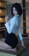 短发女生轻熟白衫加紧身黑色短裙穿搭显匀称身形线条感居家写真图片