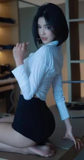 短发女生轻熟白衫加紧身黑色短裙穿搭显匀称身形线条感居家写真图片