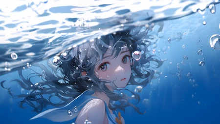 在水中，在水下，动漫人物唯美AI壁纸图片