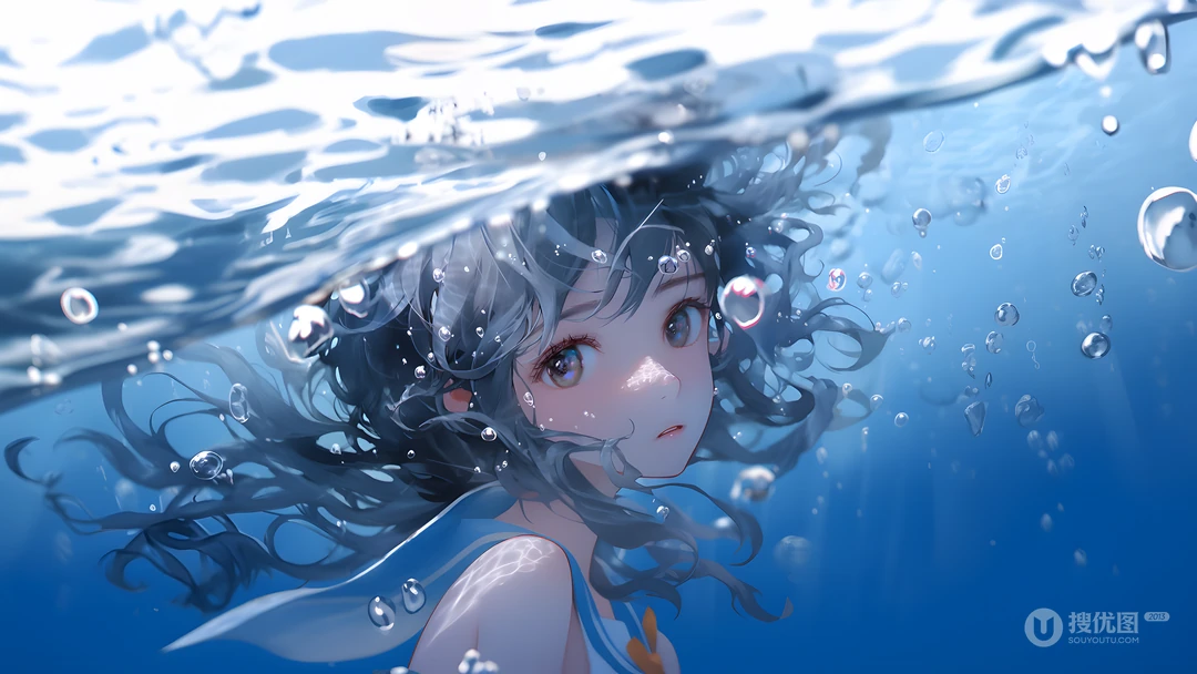 在水中，在水下，动漫人物唯美AI壁纸图片