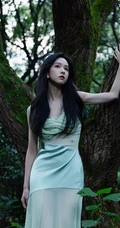 陈都灵一袭蓝色长裙穿搭穿行于迷雾森林写真手机壁纸套图
