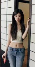 气质纤细线条女生紧身肩带背心牛仔裤穿搭夏日室内写真图片