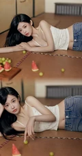 气质纤细线条女生紧身肩带背心牛仔裤穿搭夏日室内写真图片