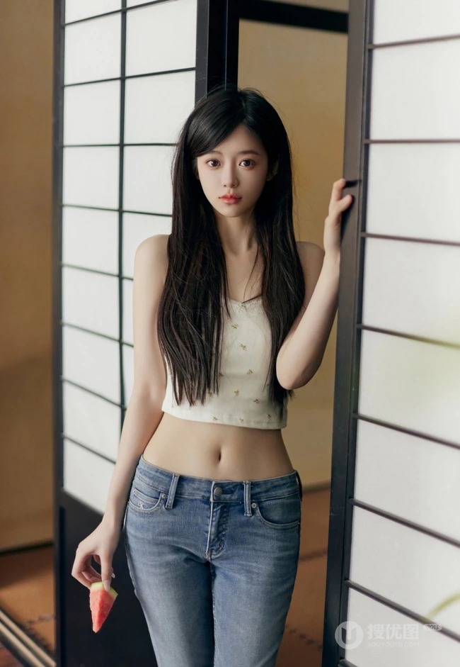 气质纤细线条女生紧身肩带背心牛仔裤穿搭夏日室内写真图片