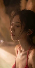 温泉泡澡的红色泳装家居服女生匀称身形美照