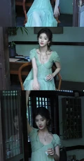 清甜系女生黄玉瑶气质低领装小绿裙穿搭公园随拍写真照片