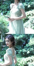 清甜系女生黄玉瑶气质低领装小绿裙穿搭公园随拍写真照片