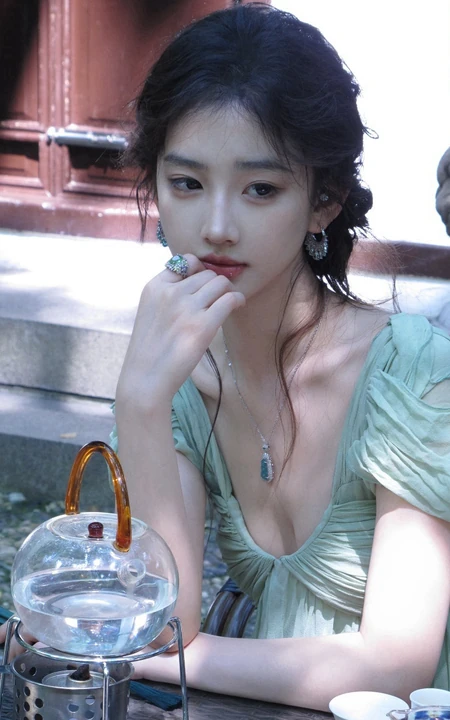 清甜系女生黄玉瑶气质低领装小绿裙穿搭公园随拍写真照片