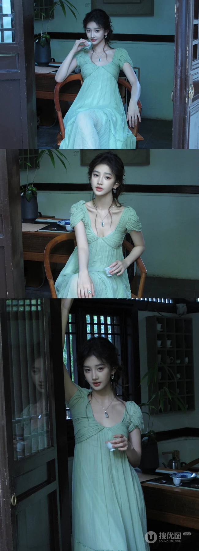 清甜系女生黄玉瑶气质低领装小绿裙穿搭公园随拍写真照片