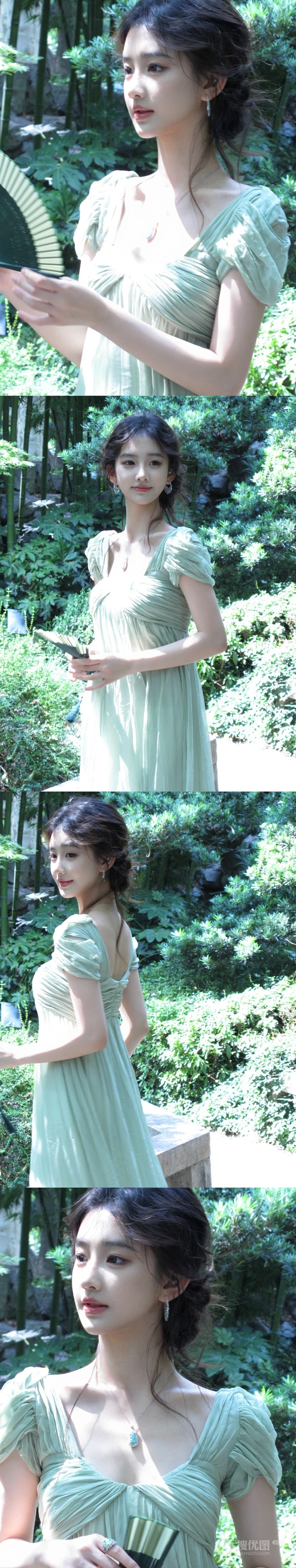清甜系女生黄玉瑶气质低领装小绿裙穿搭公园随拍写真照片