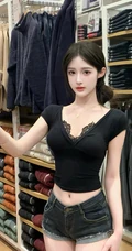 牛仔控的精选，漂亮匀称身形女生黑色低领上衣搭配牛仔短裤服装店试衣美照