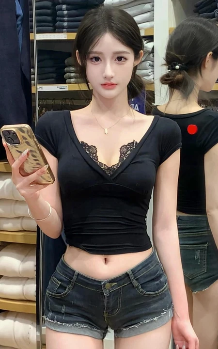 牛仔控的精选，漂亮匀称身形女生黑色低领上衣搭配牛仔短裤服装店试衣美照