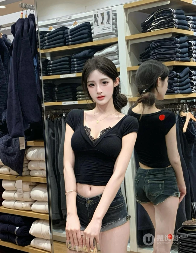 牛仔控的精选，漂亮匀称身形女生黑色低领上衣搭配牛仔短裤服装店试衣美照