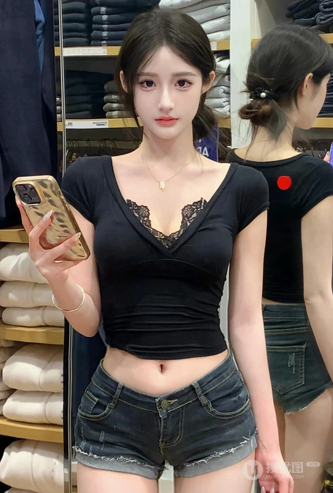 牛仔控的精选，漂亮匀称身形女生黑色低领上衣搭配牛仔短裤服装店试衣美照