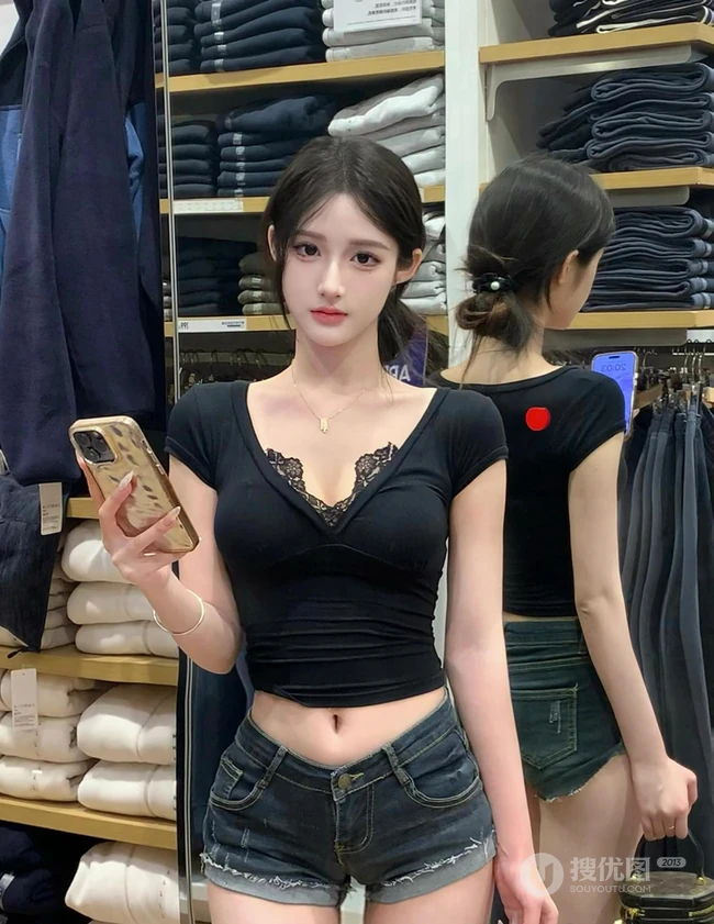 牛仔控的精选，漂亮匀称身形女生黑色低领上衣搭配牛仔短裤服装店试衣美照