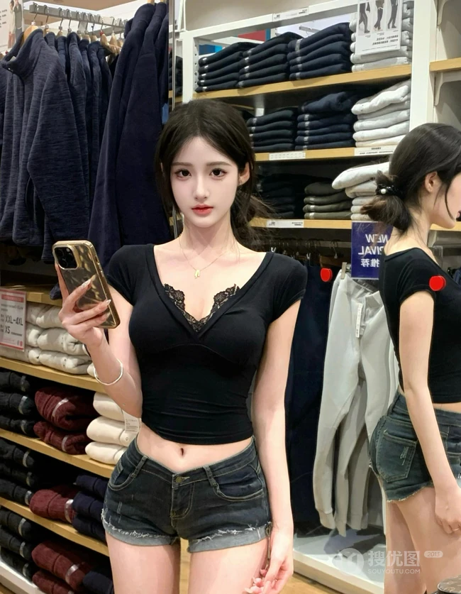 牛仔控的精选，漂亮匀称身形女生黑色低领上衣搭配牛仔短裤服装店试衣美照