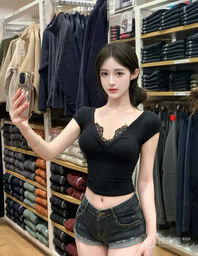 牛仔控的精选，漂亮匀称身形女生黑色低领上衣搭配牛仔短裤服装店试衣美照