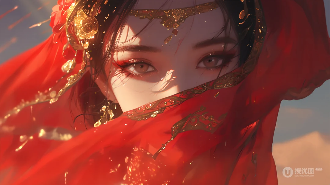 戴着红色头巾，面巾的古风异域风情AI美女插画壁纸图片