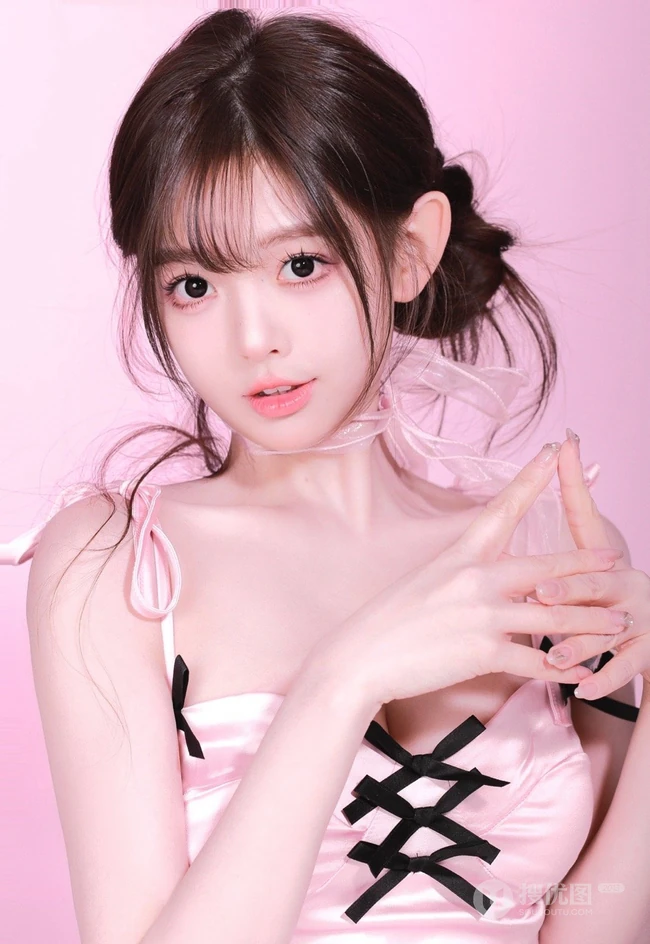 少女粉，穿着粉色风格肩带衣，白色短裤的青春少女室内图片