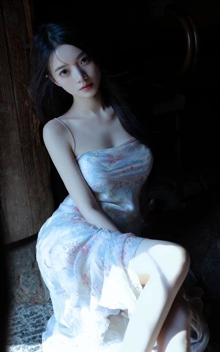 超有气质的高颜值优雅气质女生紧身印花礼裙连衣裙穿着温婉写真图片
