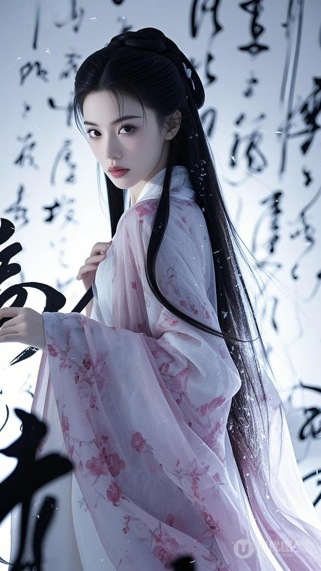 古装美女，水墨风，书法美女 手机壁纸