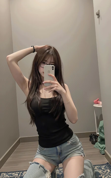 女生自拍照片，跪在地上拿手机自拍的牛仔裤美女手机壁纸图片