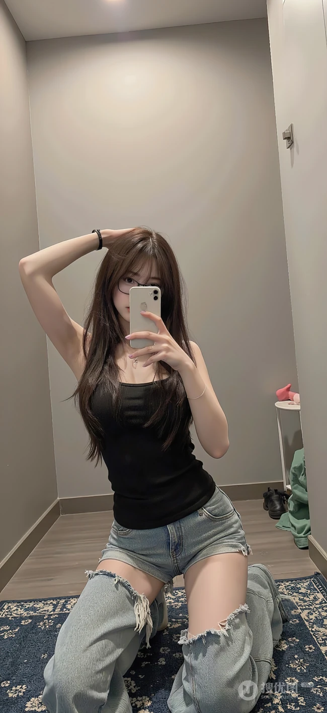 女生自拍照片，跪在地上拿手机自拍的牛仔裤美女手机壁纸图片