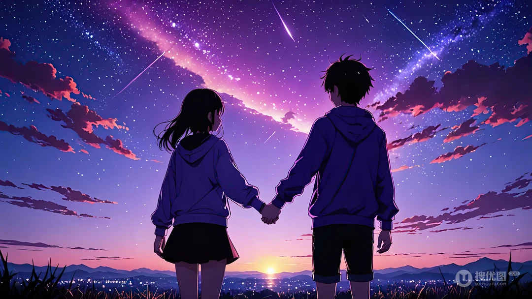 夕阳下，户外，手牵着手的少男少女背影桌面壁纸图片
