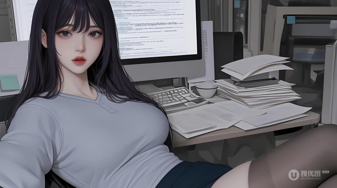 刚工作完，坐在电脑桌前的紧身衣AI美女看着你桌面壁纸图片