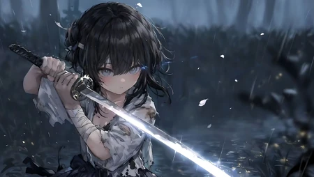 森林，拿着剑，摆出防御姿态的动漫武士少女桌面壁纸图片