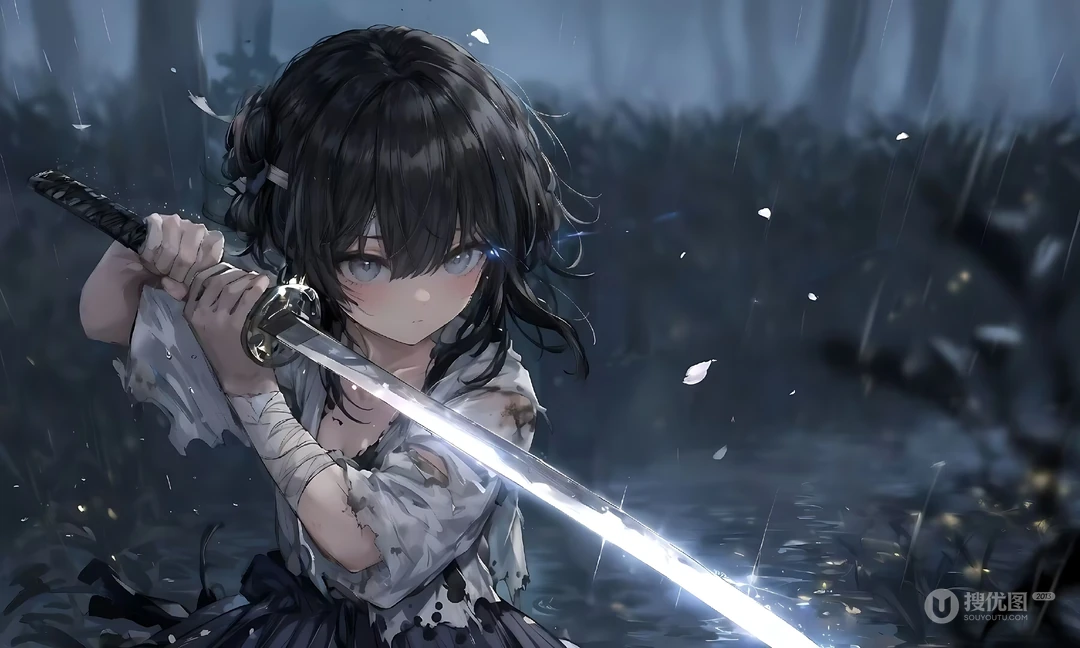 森林，拿着剑，摆出防御姿态的动漫武士少女桌面壁纸图片