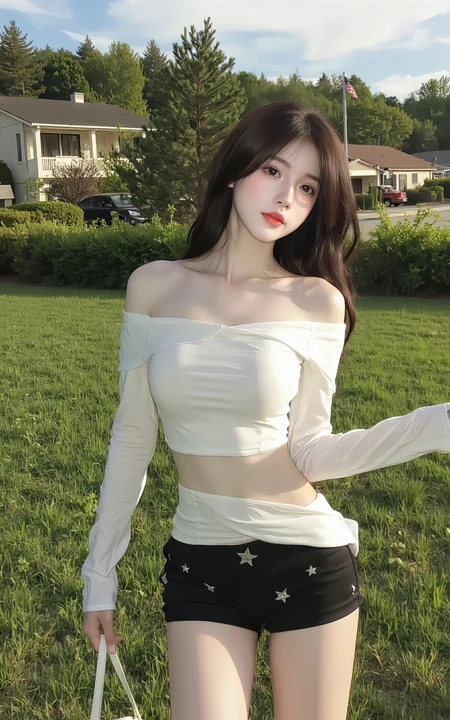 旅拍美女，草地上，穿着紧身衣短裤的养眼长腿美女手机壁纸图片