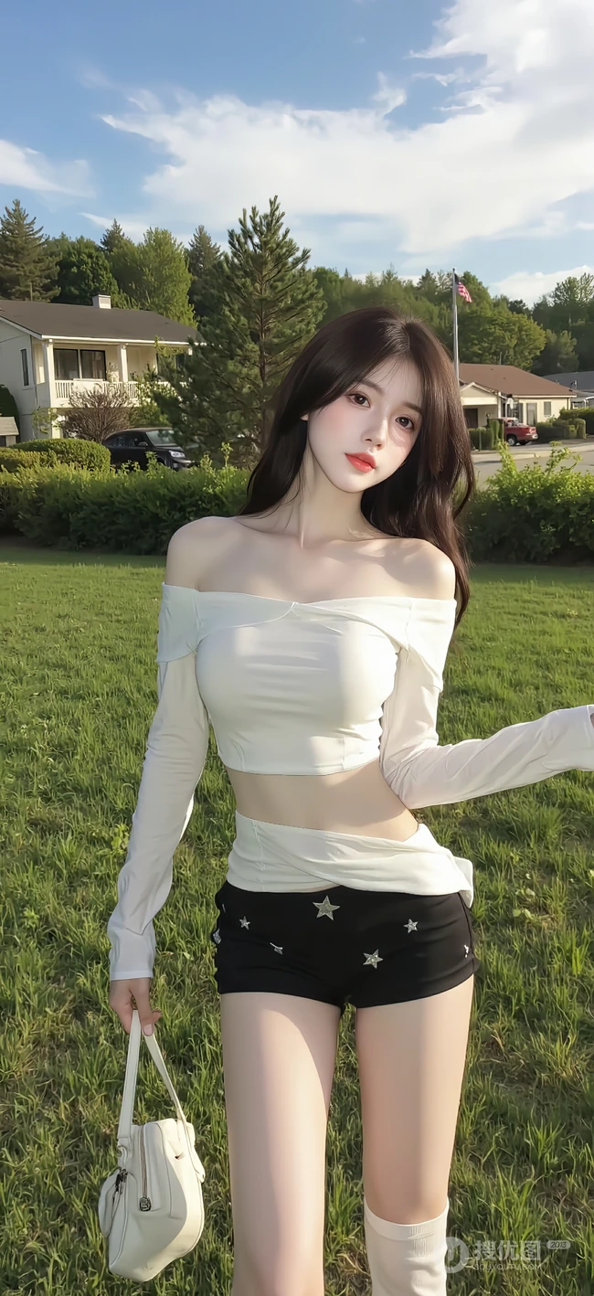 旅拍美女，草地上，穿着紧身衣短裤的养眼长腿美女手机壁纸图片