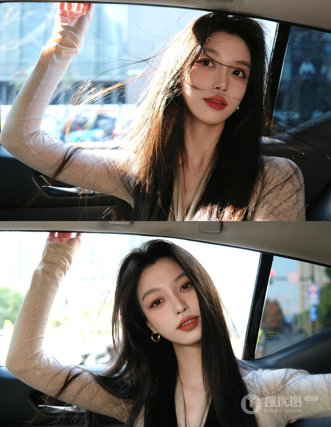 车拍女生，笑容灿烂的长发气质女生汽车内自拍美照图集